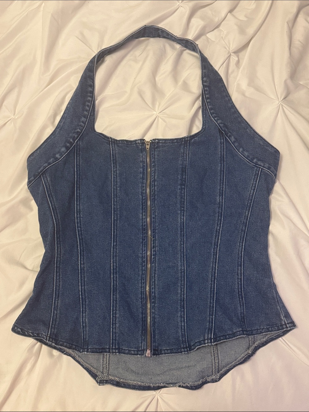 AKIRA Dark Blue Denim Halter Corset Top with Front Zip